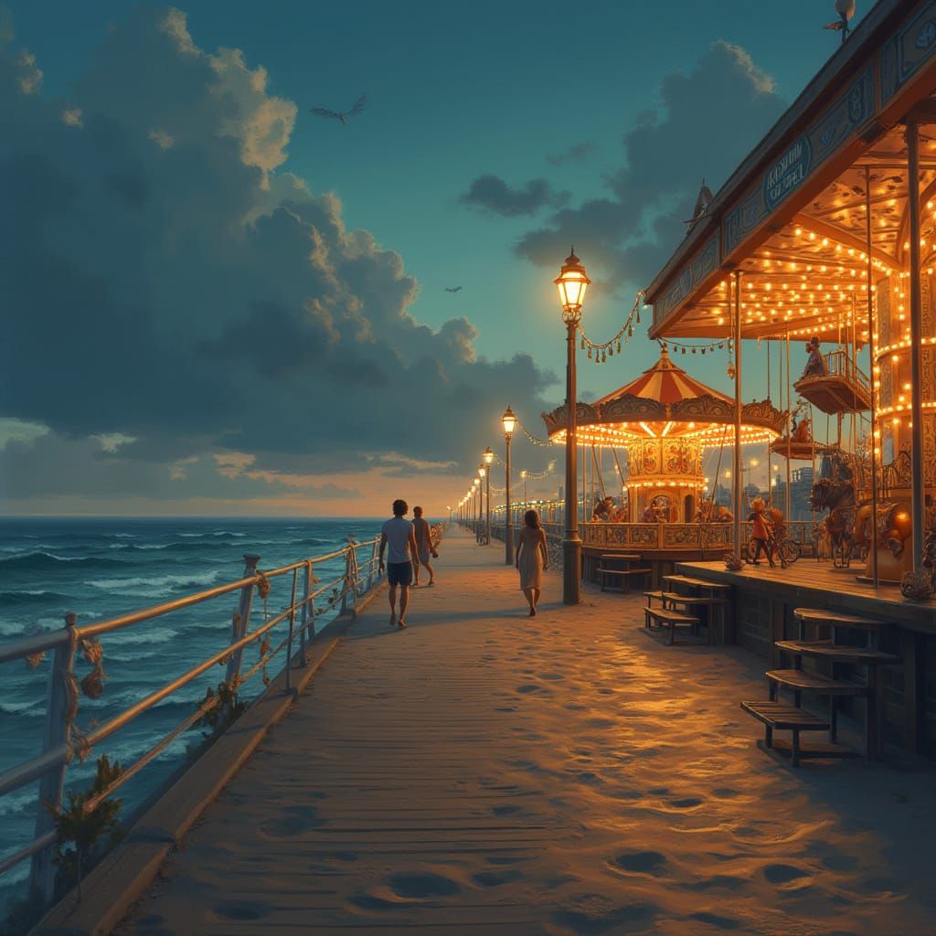Vintage Boardwalk at Twilight: A Dreamy Digital Painting