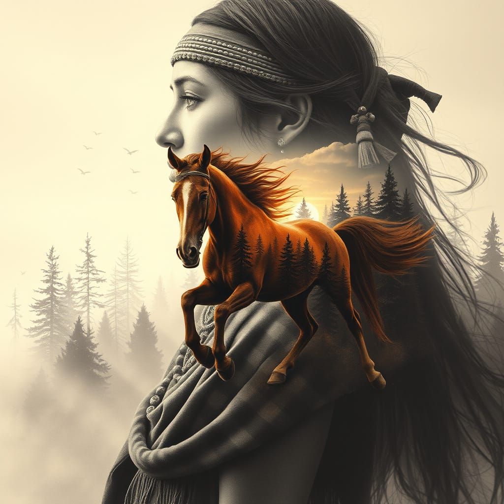 Native American Woman and Mustang Double Exposure in Charcoa...