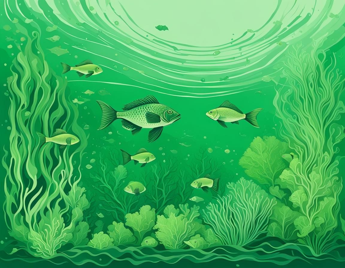 Abstract Green Sea with Fish and Seaweed