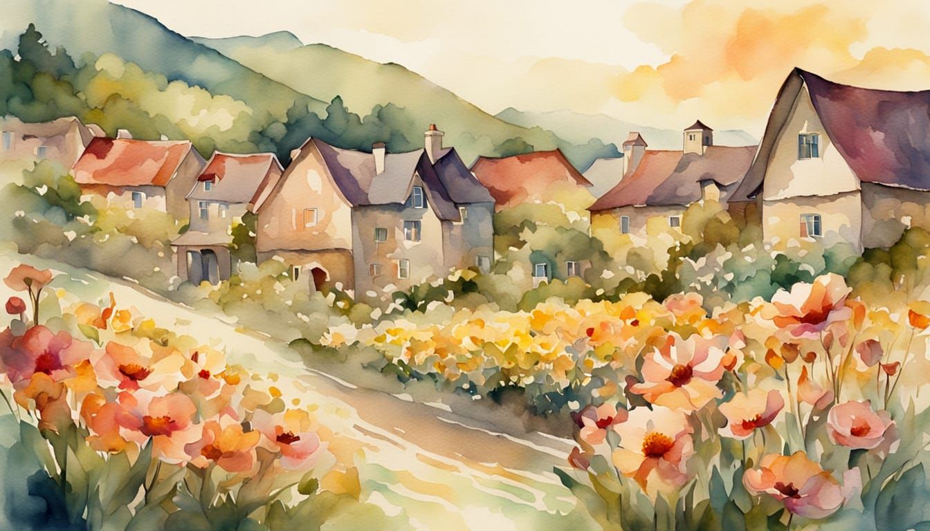 Enchanting Village in Whimsical Watercolor Art Nouveau Style