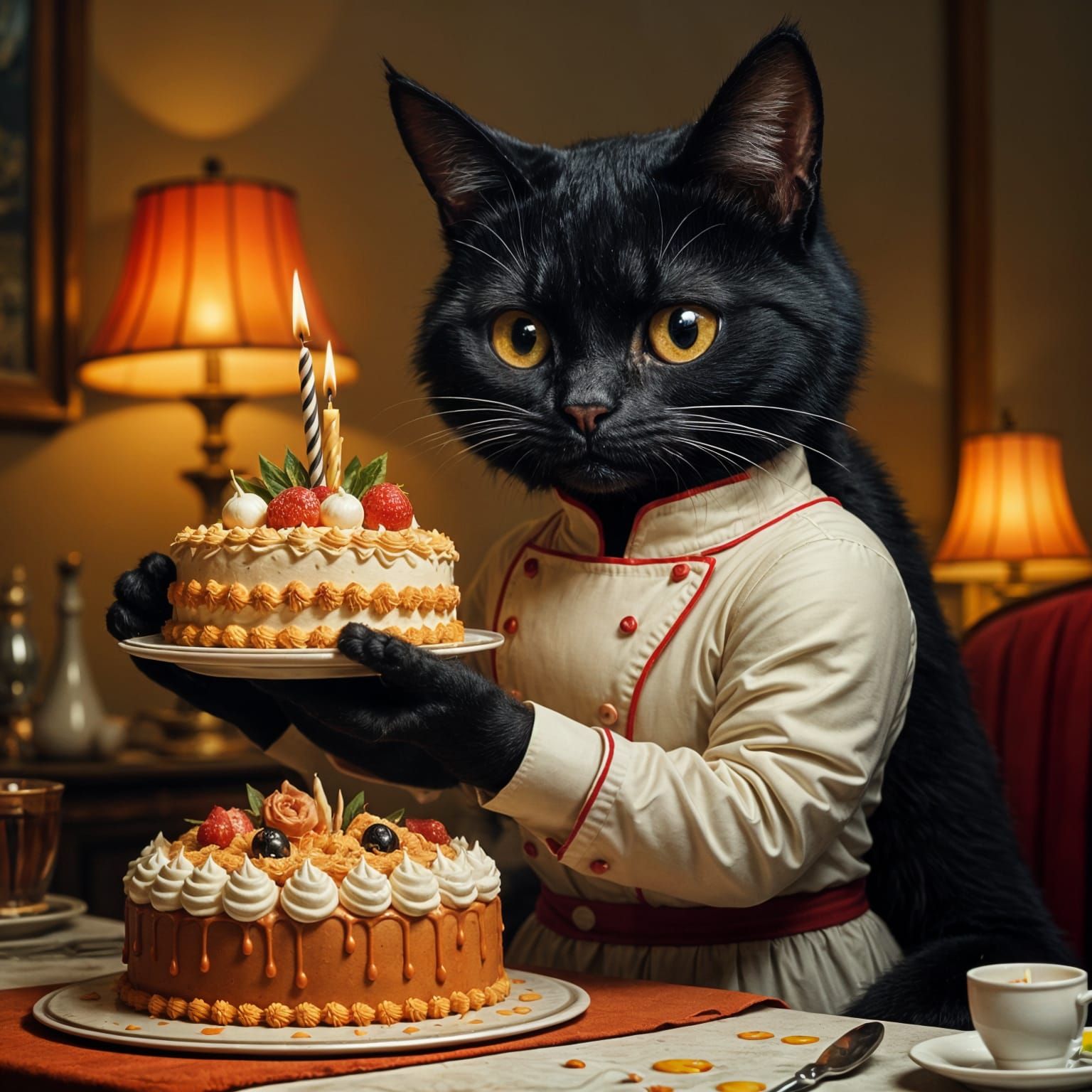 Chef Cat Presents Birthday Cake in Elegant Dining Room