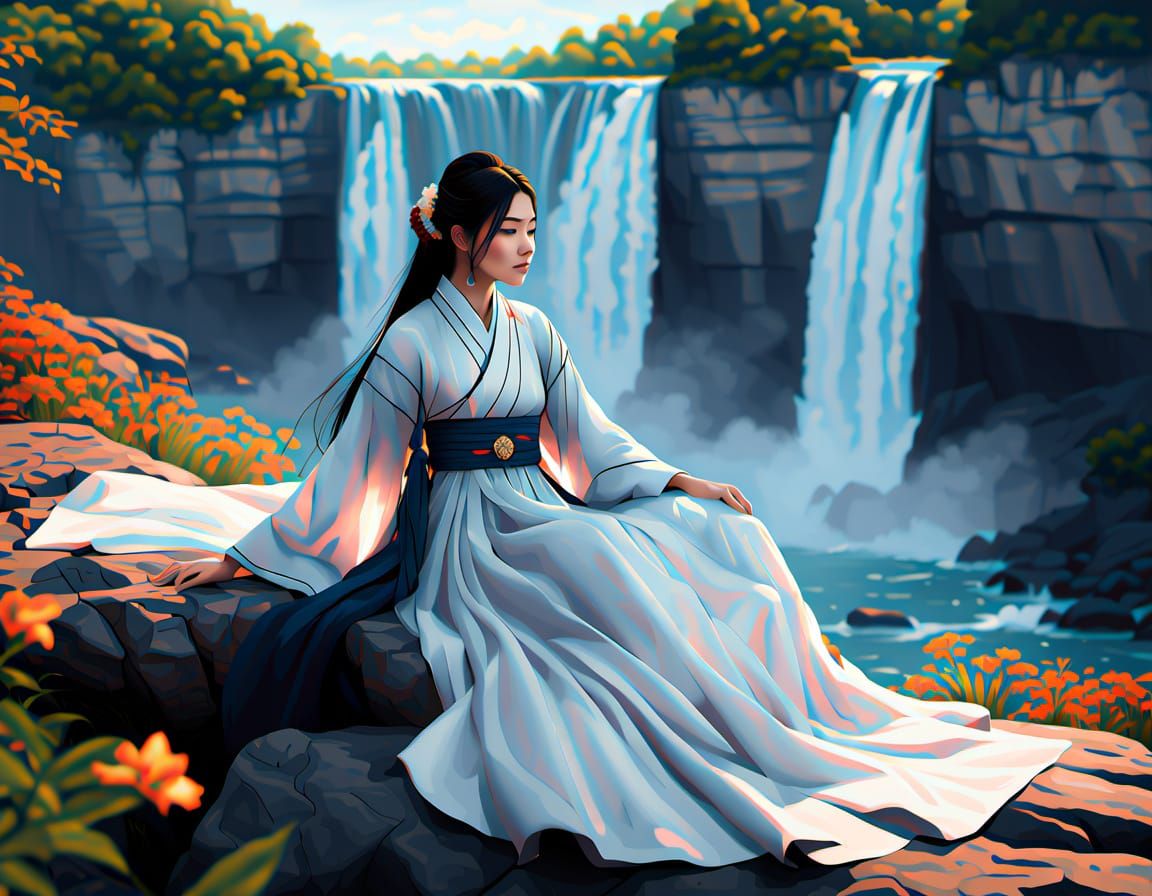 Ethereal Korean Goddess Basks in Niagara Falls' Golden Light