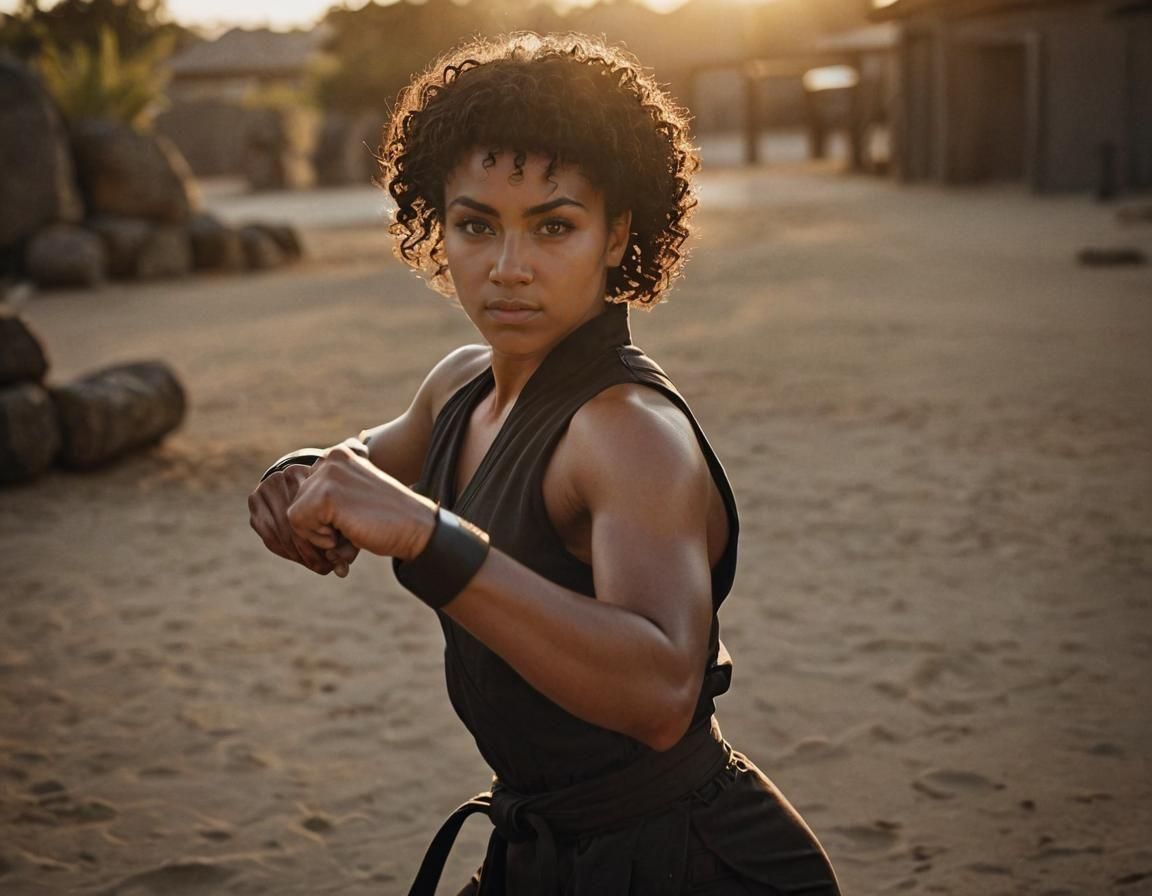 Black Woman Assassin Training in Cinematic Style
