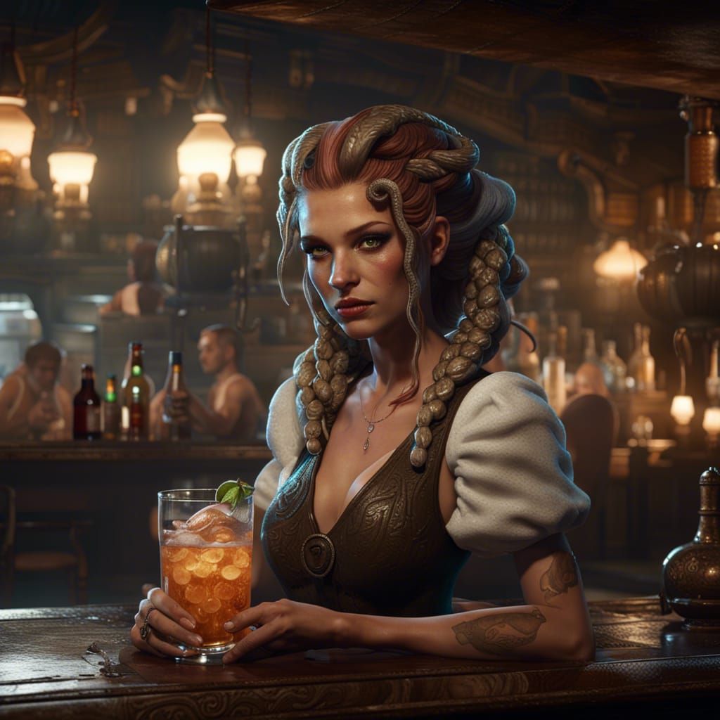 Gorgon Barmaid with Snake Hair, Dark Fantasy Art