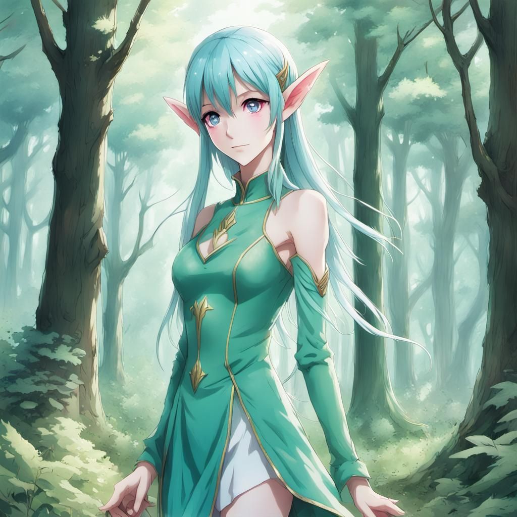 Blue Elf in Wooded Clearing: Anime Style