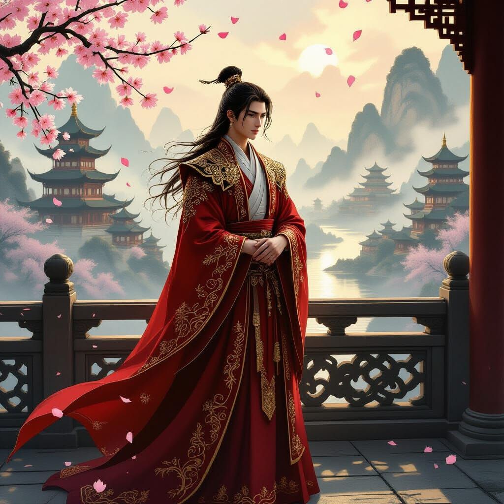 Chinese Prince Overlooking Misty Landscape as Impasto