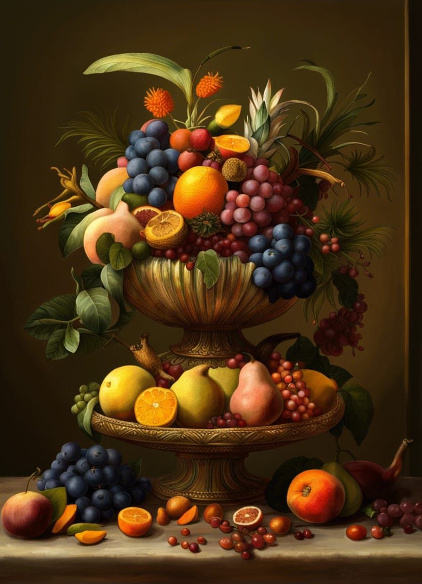 tropical fruits of all kinds in an ornate bowl