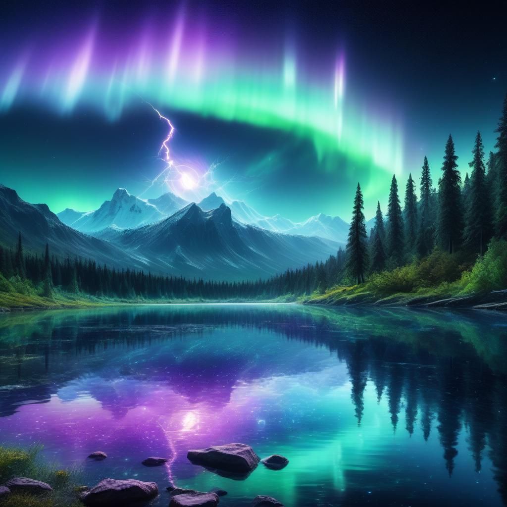Cosmic Moonlit Lake with Aurora Dust and Lightning