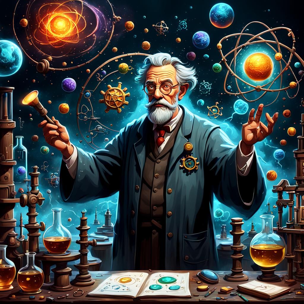 Humorous Science Professor with Symbols in Oil Painting