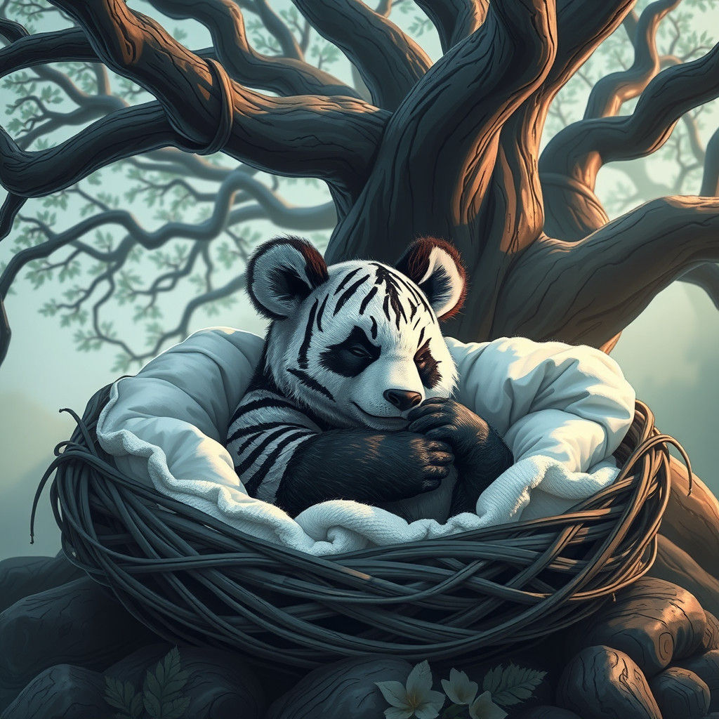 Zebra Panda Cub Asleep in Nest, Line Art