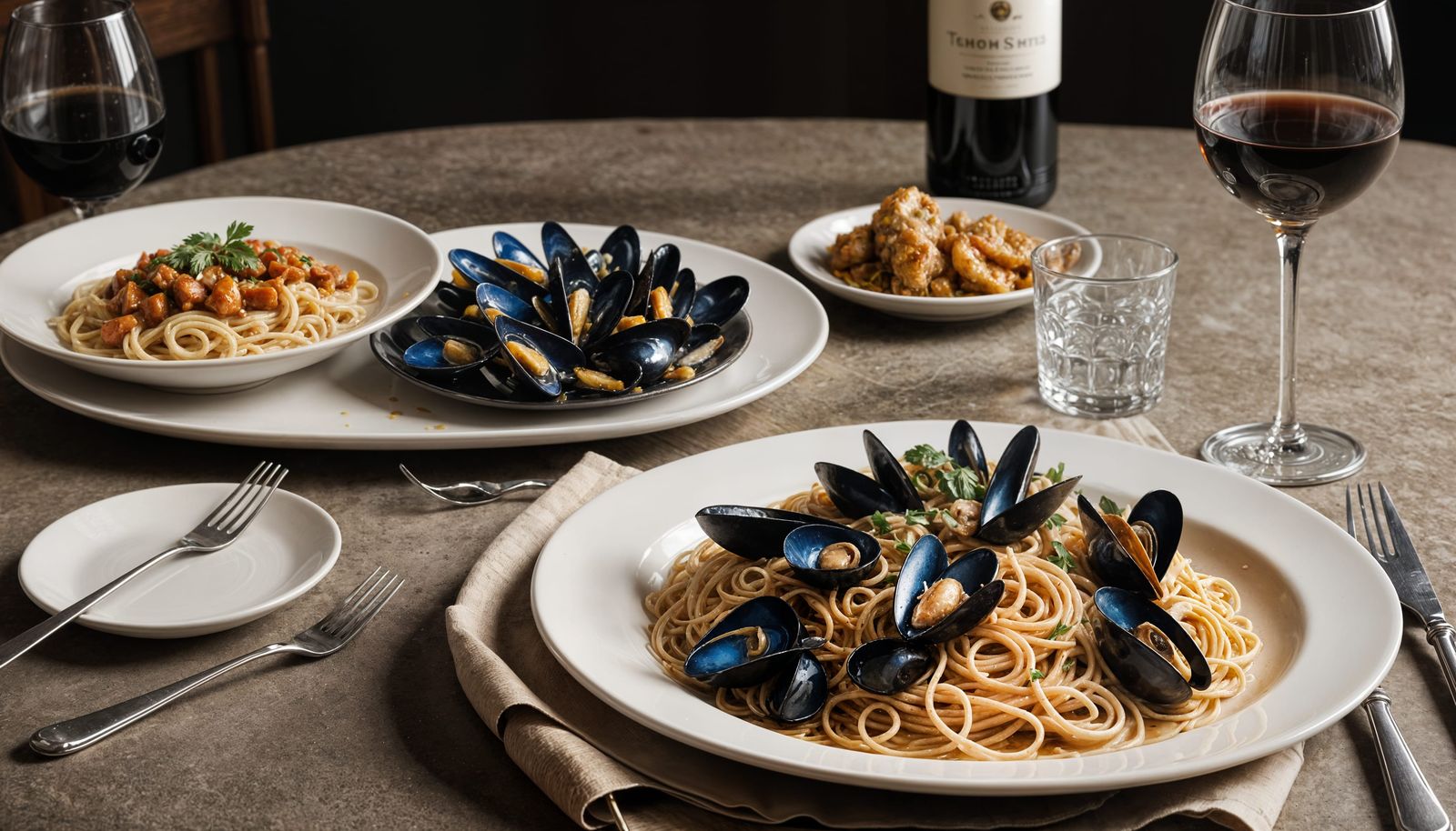 Hyperrealistic Seafood Spaghetti Still Life with Wine