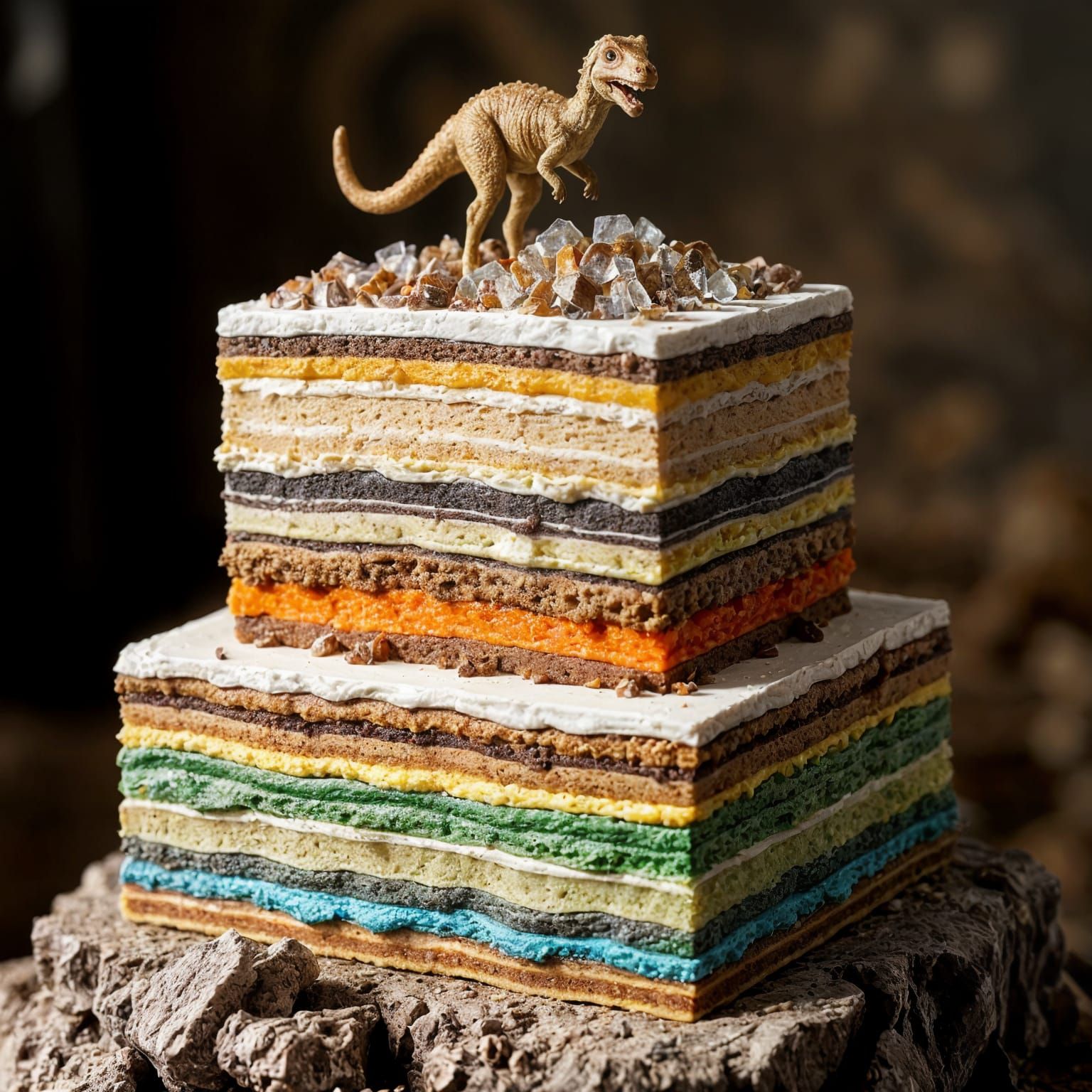 Geological Layer Cake with Dinosaur Topping