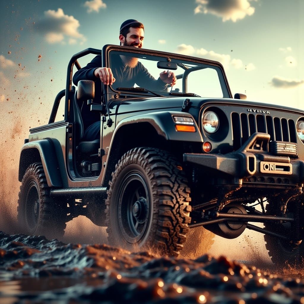 Orthodox Yeshiva Student Off-Roading in a Black Jeep