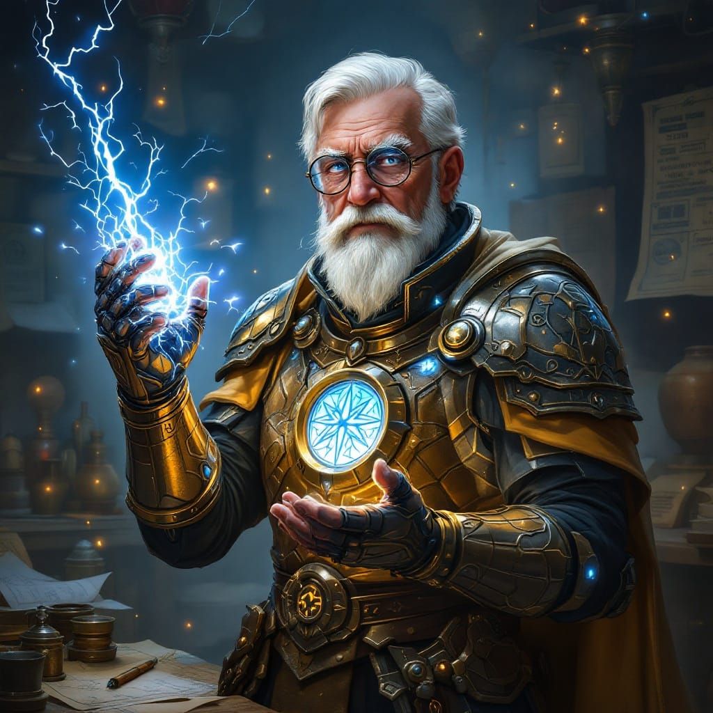 Elderly Wizard Artificer in Bronze Armor with Magic Tools an...