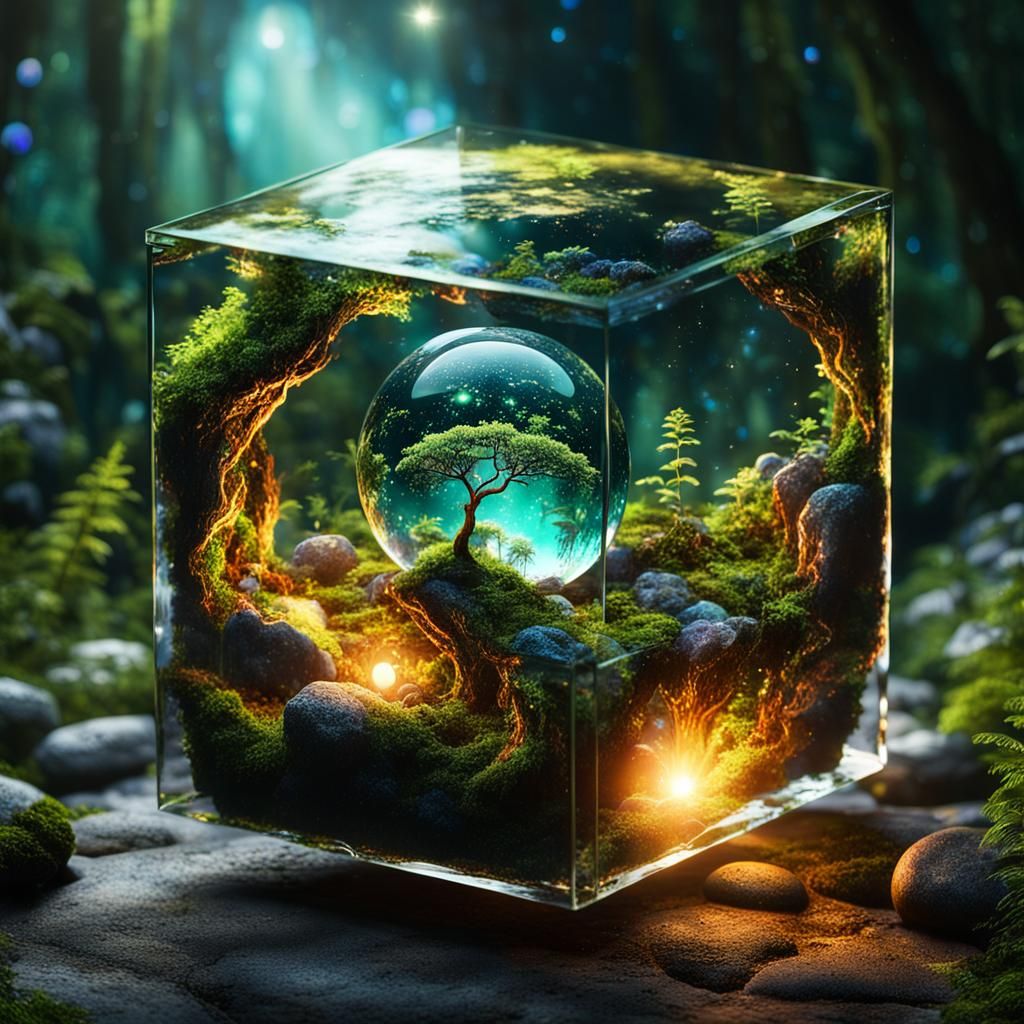 Surreal Glass Box Reveals Enchanted Galaxy Forest Scene