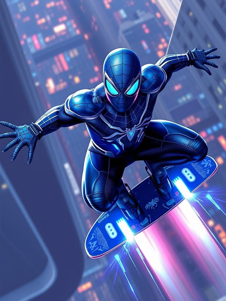 Spider-Man Soaring on Laser Skyboard in Futuristic Style