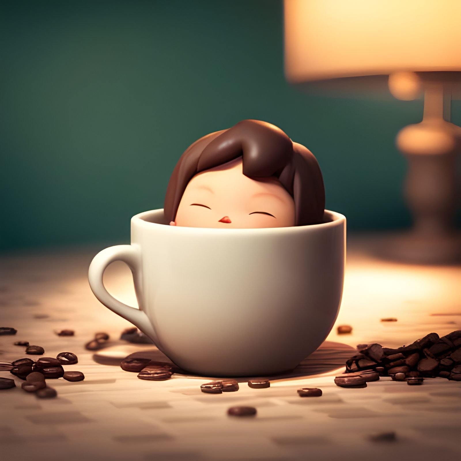 Cute 3D Chibi Coffee Cup Sleeping at Night
