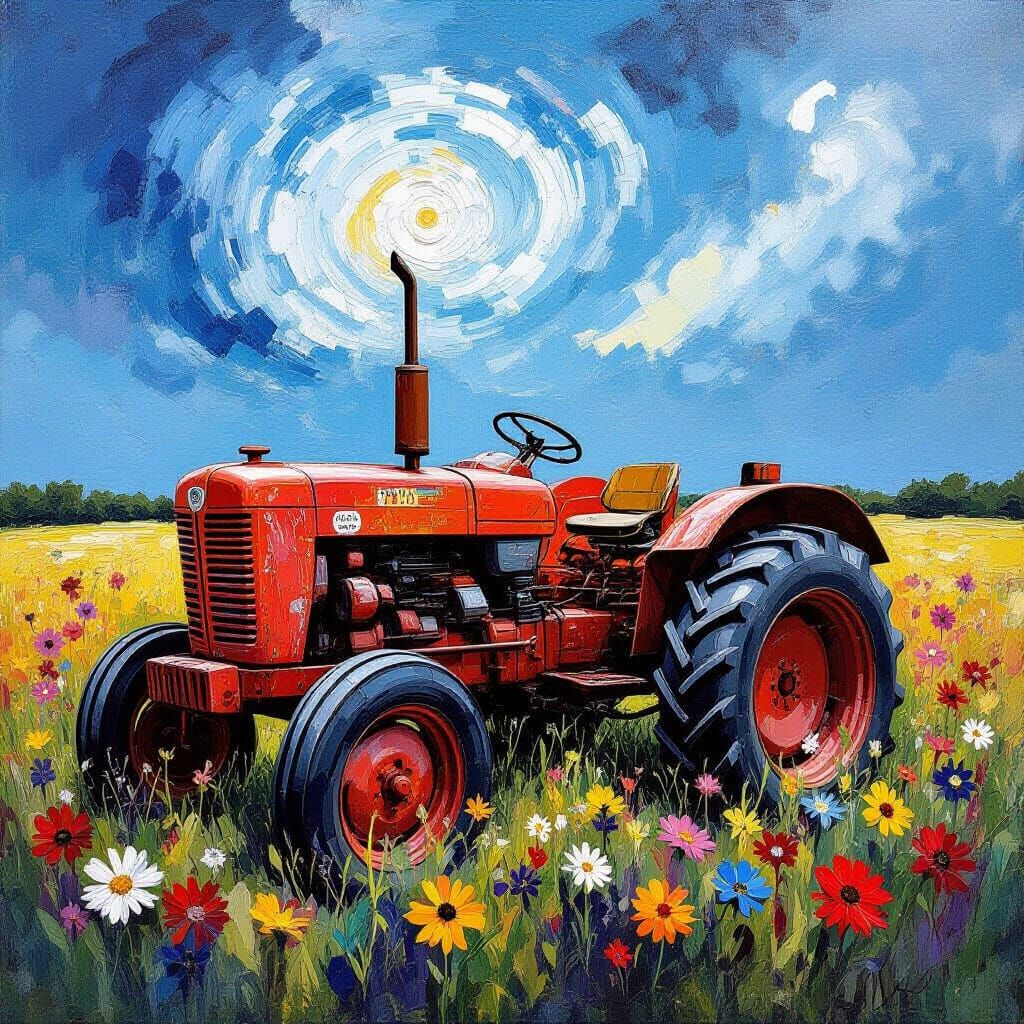 Abandoned Tractor in Wildflower Field with Abstract Sky