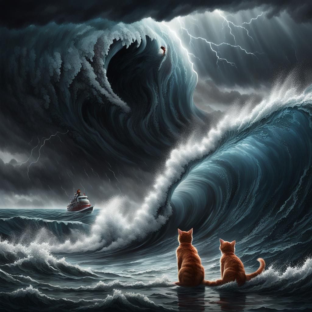 Giant Tsunami Wave Engulfs Fearful Red-Haired Cat in Dramati...
