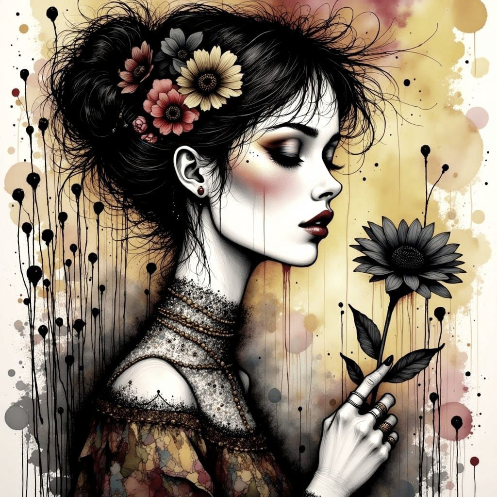 Mysterious Woman with Black Bloom in Cyberpunk Collage