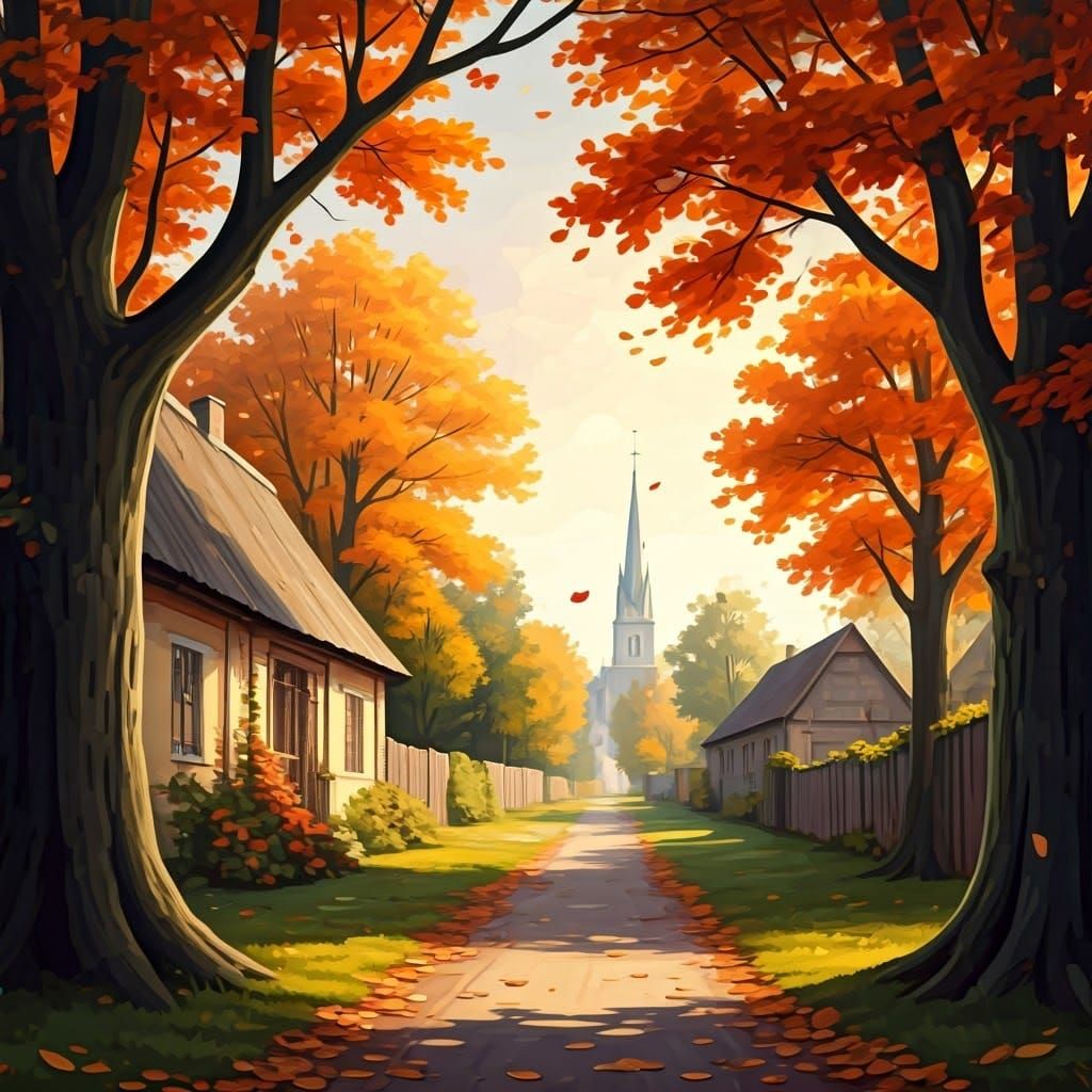 Autumn Village Scene in Impressionistic Style