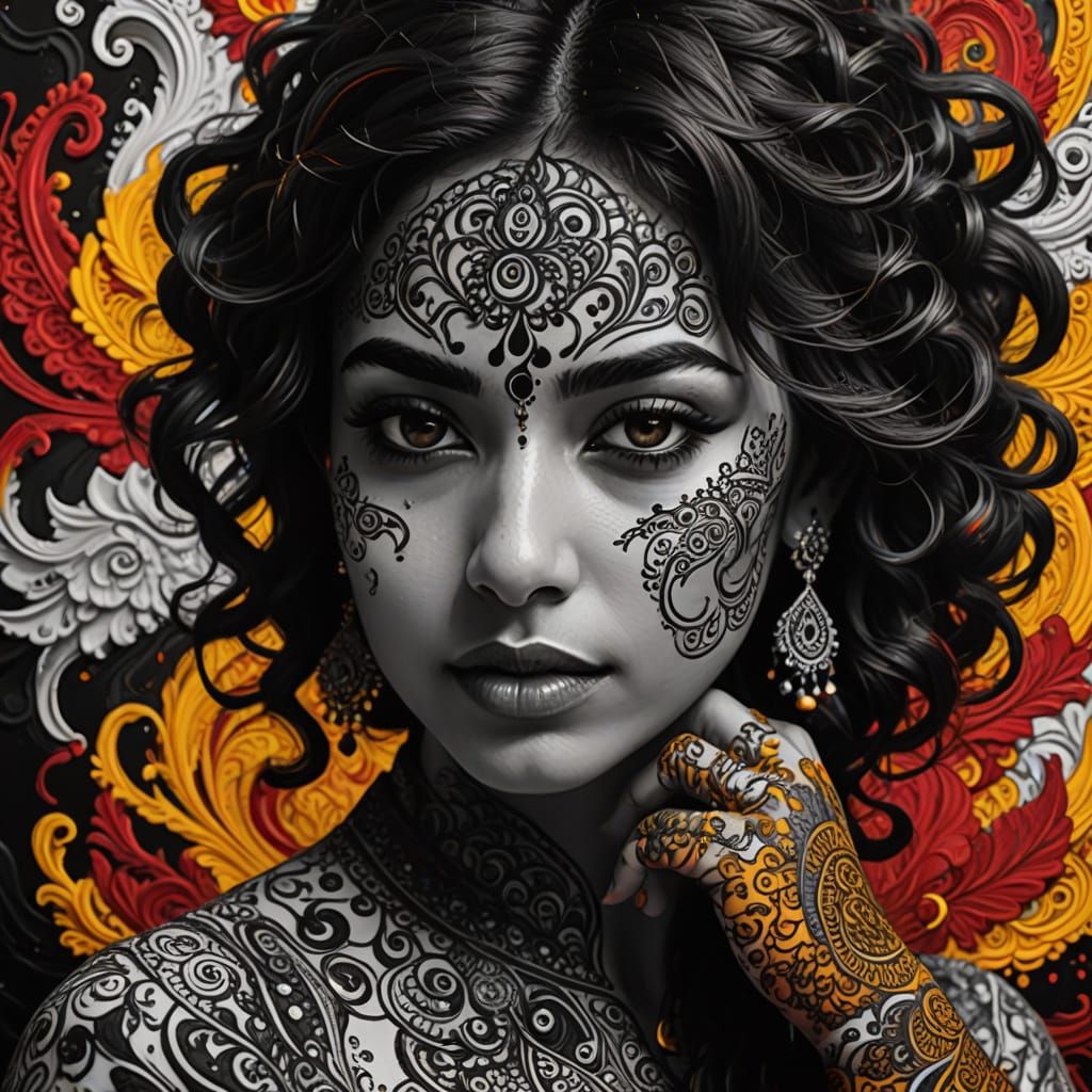 black and white. abstract. swirly. flash of red. curly wirly...