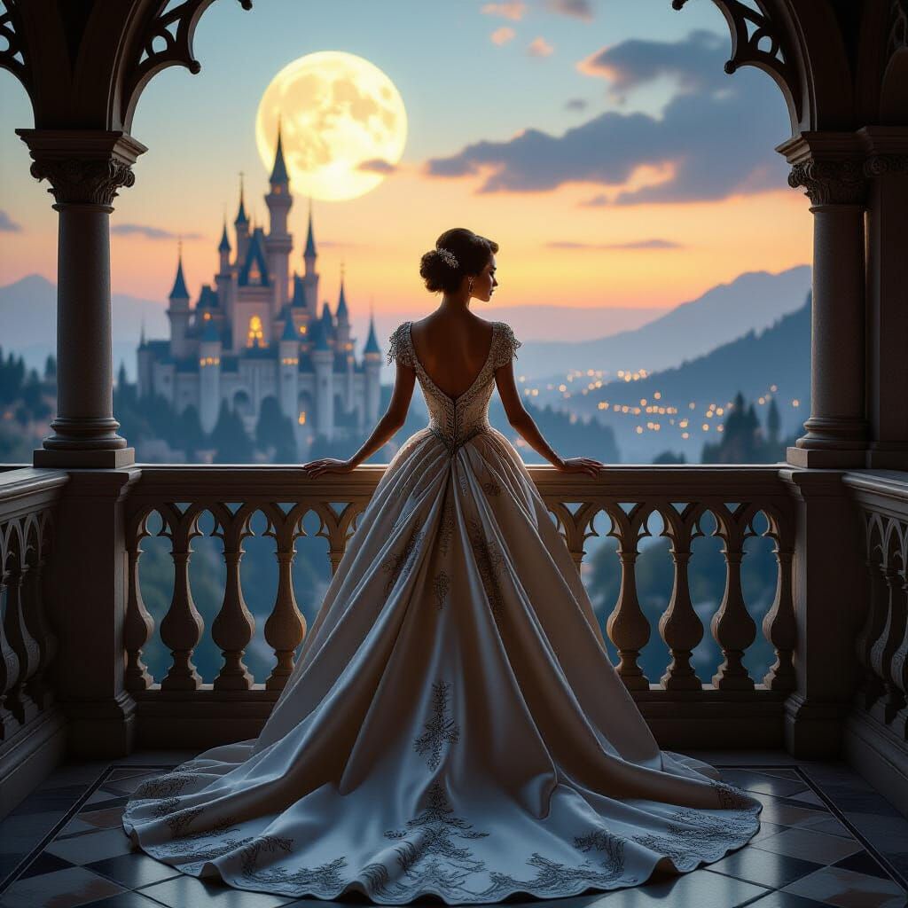 Regal Woman Overlooking Mystical Kingdom at Twilight