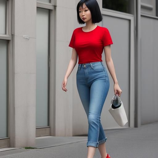 Asian Woman in Red T-Shirt Walking on Sidewalk
