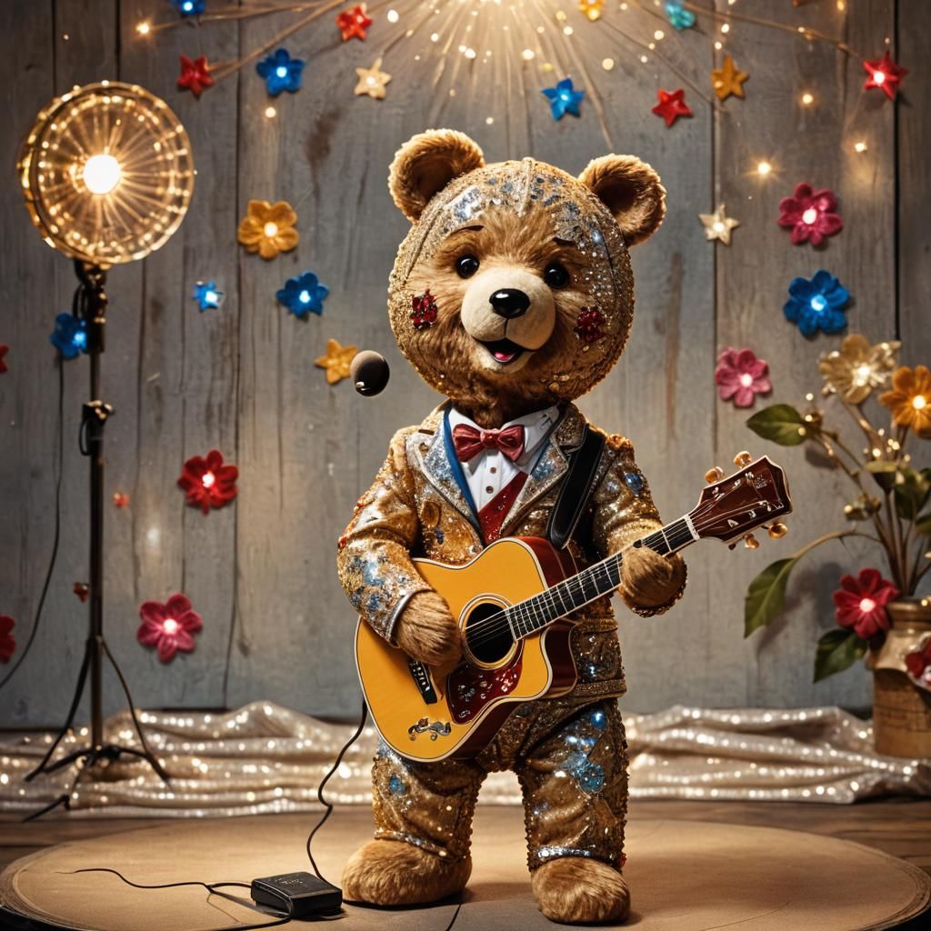 A 1950s suave male (country singer) Teddy bear wearing a (rh...