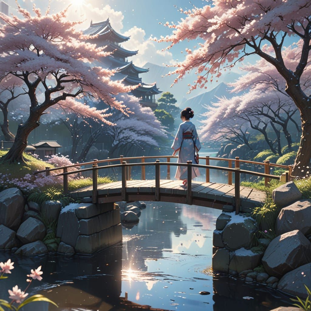 On the bridge, behind the snow-covered cherry blossoms, sunl...