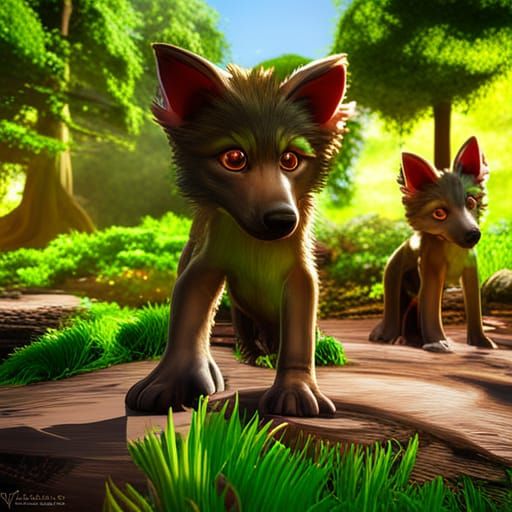 Bright Green Wolf Pups: Fantasy Concept Art