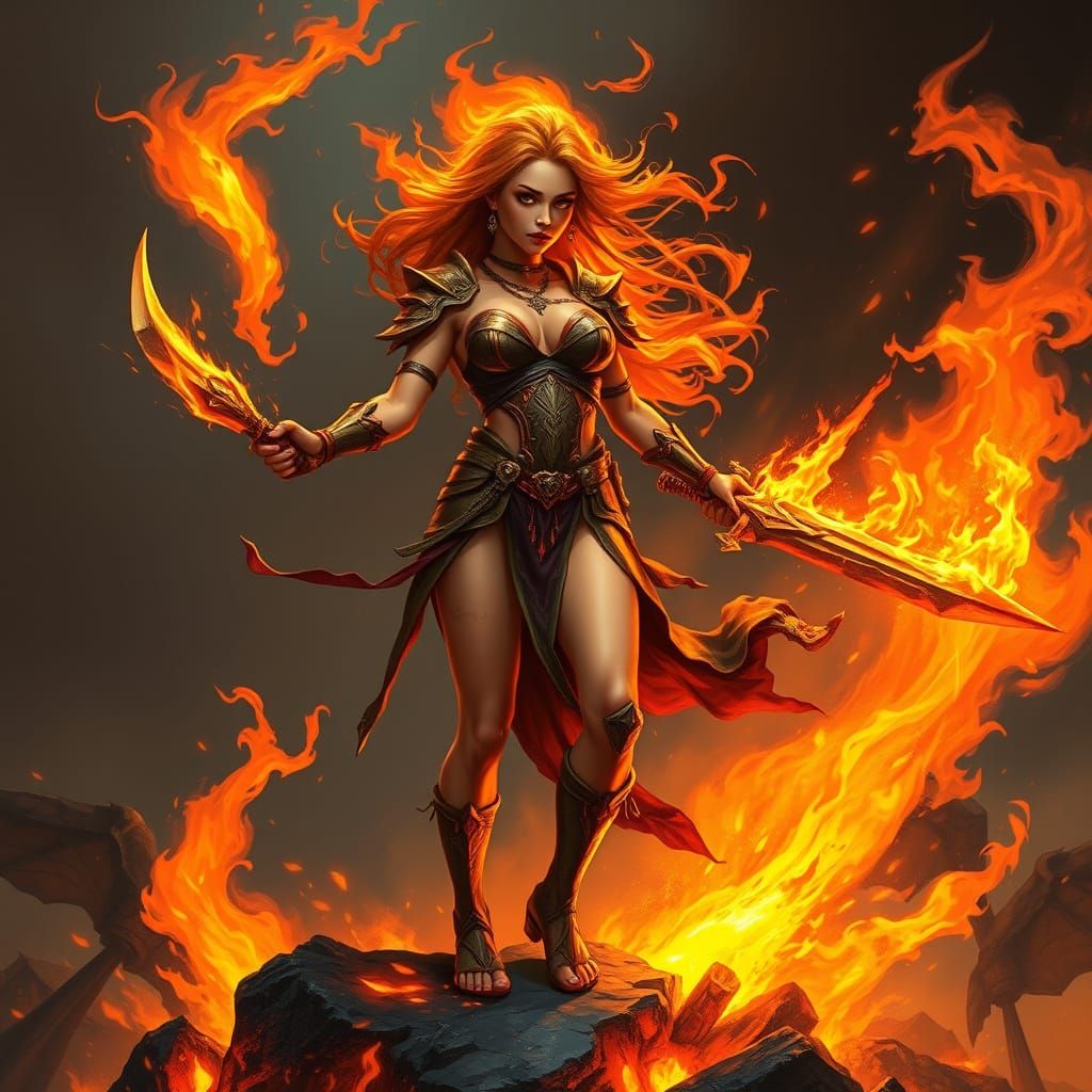 Volcanic Warrior Queen with Burning Sword in Gothic Style