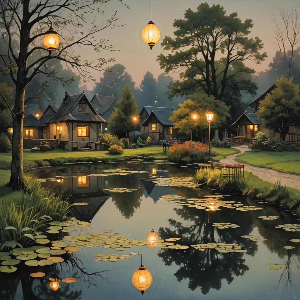 Village Pond Under Lantern Light
