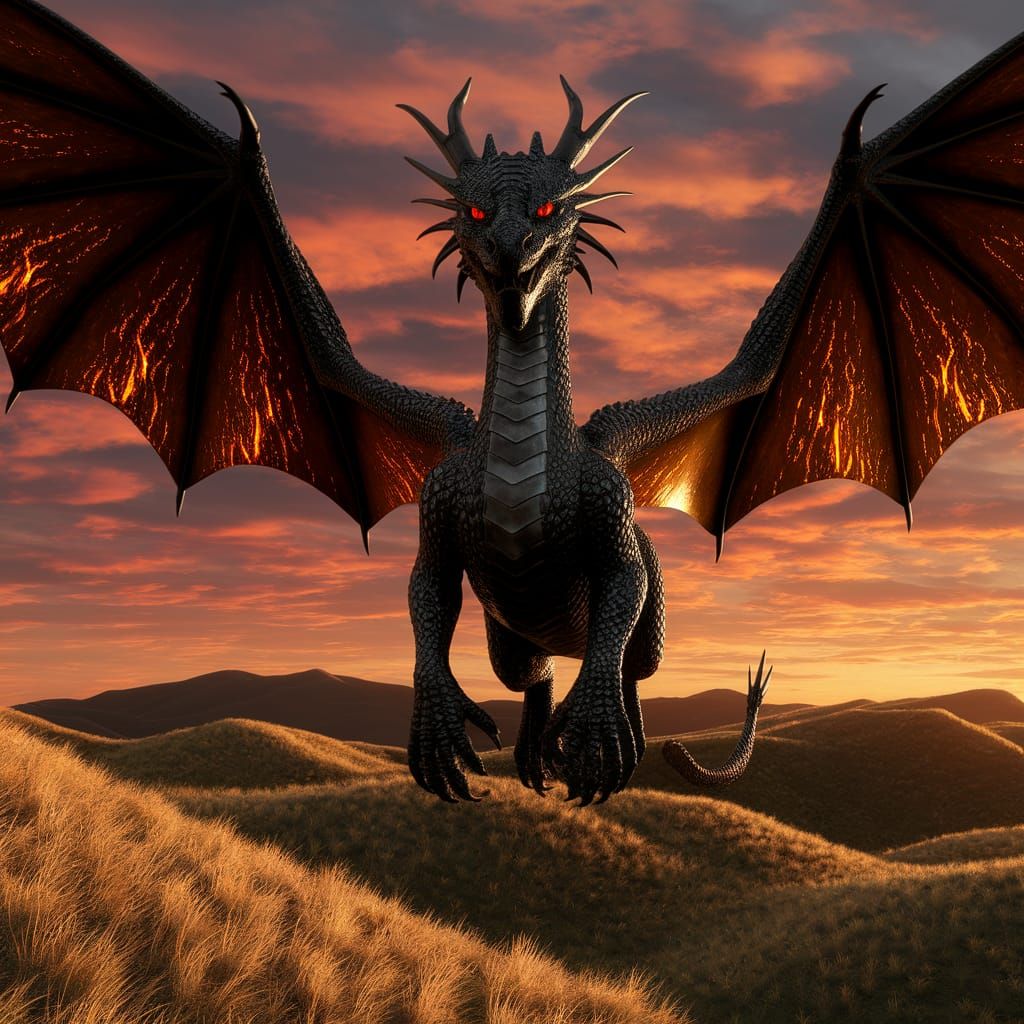 Majestic Black Dragon Soaring at Sunset in 3D