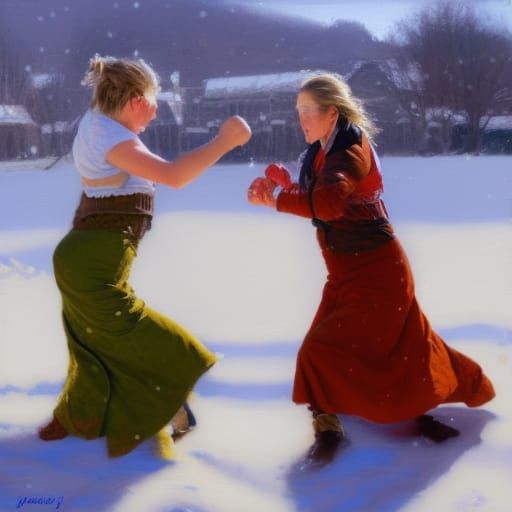 Two women having a fist fight in snow  oil painting by James...