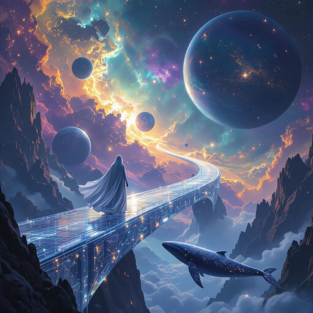 Celestial Voyager on Crystal Bridge Amidst Nebulae