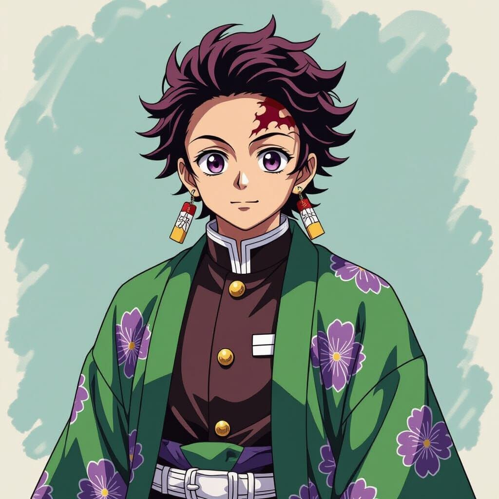 Tanjiro Kamado in Floral Haori, Ukiyo-e Style