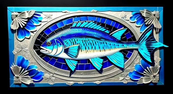 Blue Iridescent Fish Mosaic Mixed Media