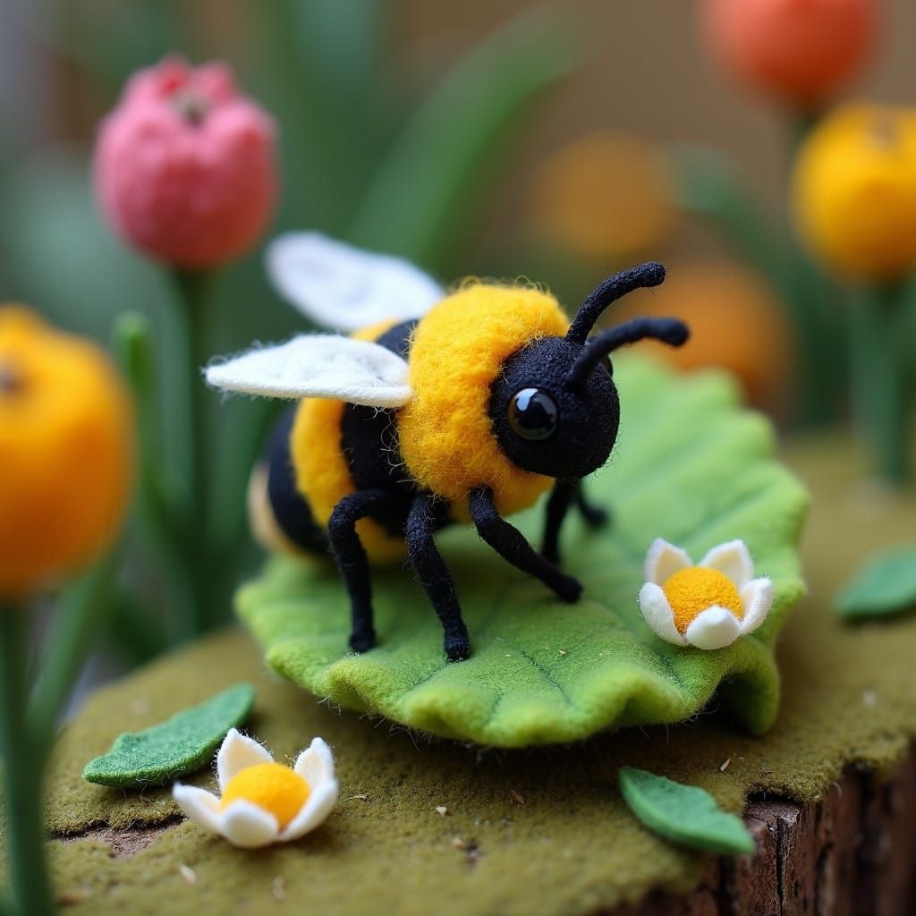Vibrant Felt Miniature Artwork of a Dressed Bee in a Whimsic...