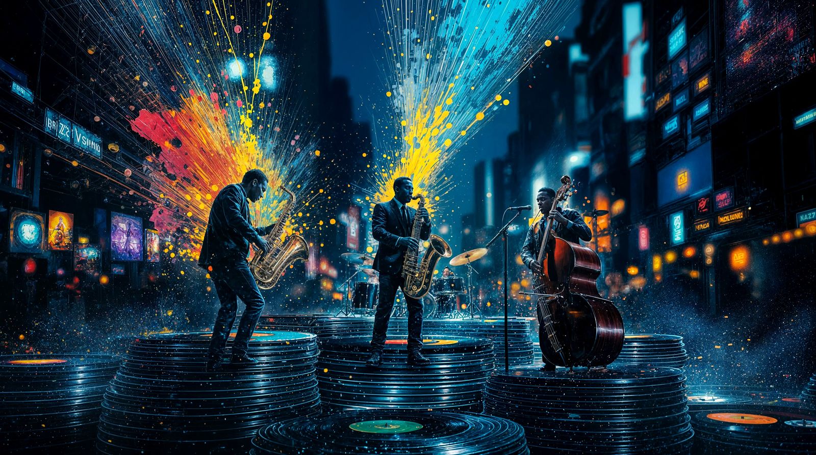 Jazz Trio Performing on Vinyl Records in Splash Art Style
