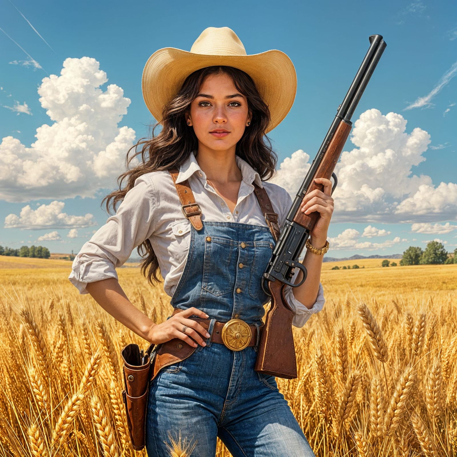 Confident Cowgirl in Wheat Field, Americana Style
