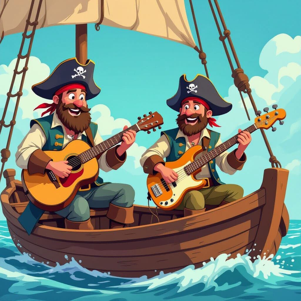 Pirate Musicians Play Guitars on a Cartoon Boat