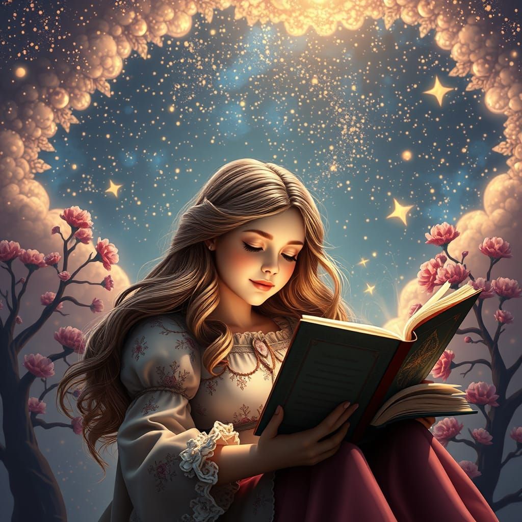 "cute young woman reading a fairytales book ; as a dream, in...
