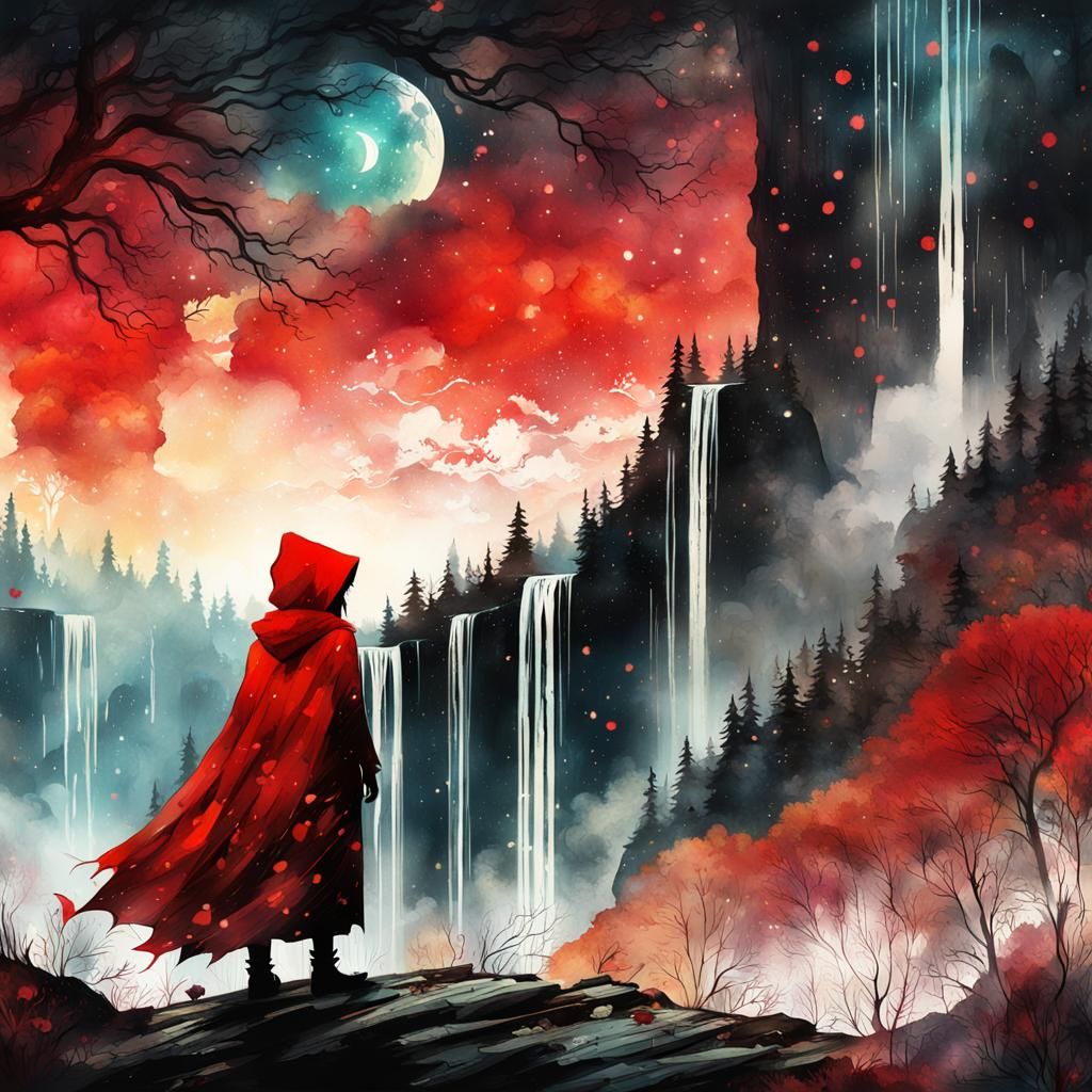 Little Red Riding Hood Silhouette, Watercolor Nebula Waterfa...