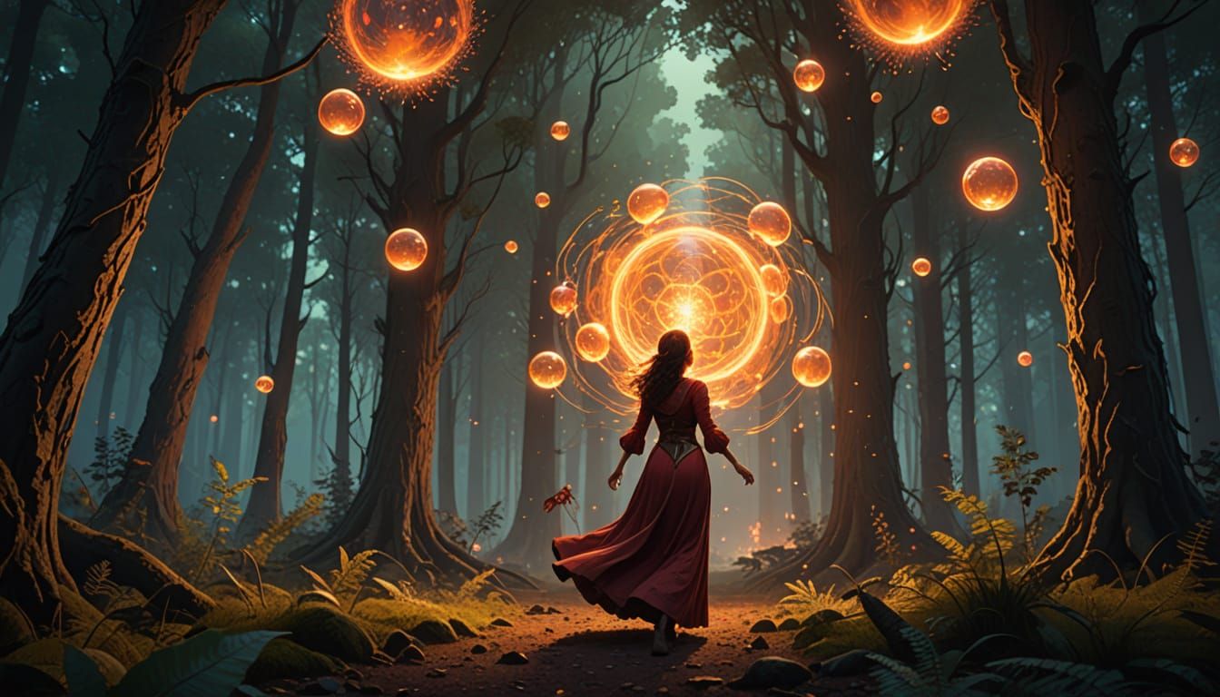 Ethereal Woman Weaves Magic Amidst Ancient Forest in Vibrant...