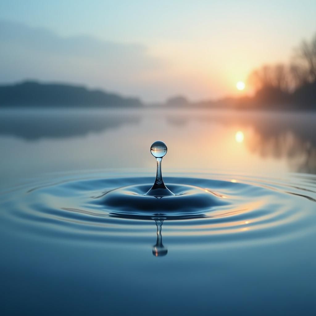 Serene Lake Reflection with Suspended Water Droplet