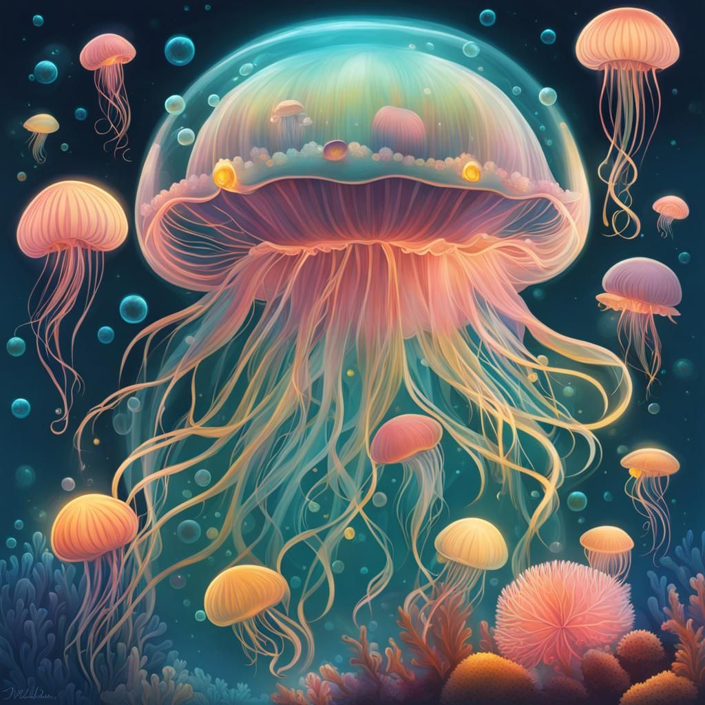 Bioluminescent Jellyfish Angel in a Pastel Sea