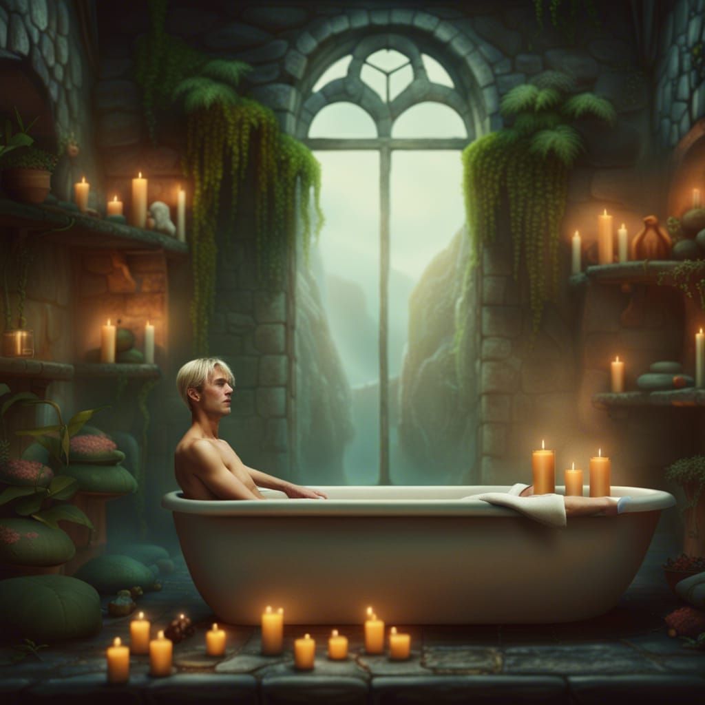 Transgender Man Relaxing in Candlelit Bath: Detailed Matte P...