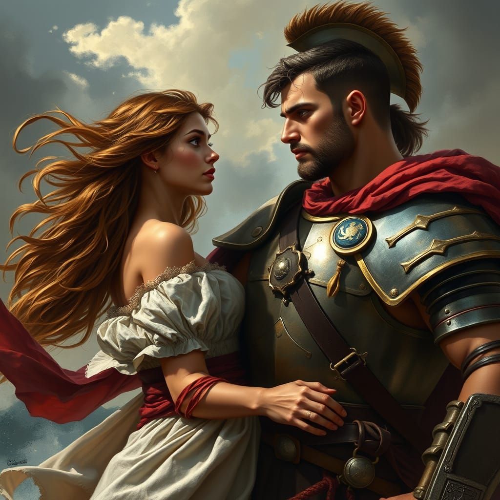 Heroic Soldier Admires Enchanting Woman in Ancient Battlefie...