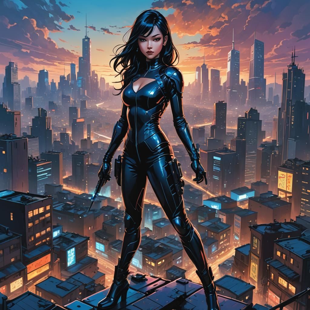Triumphant Femme Fatale in Anime-Inspired Cityscape